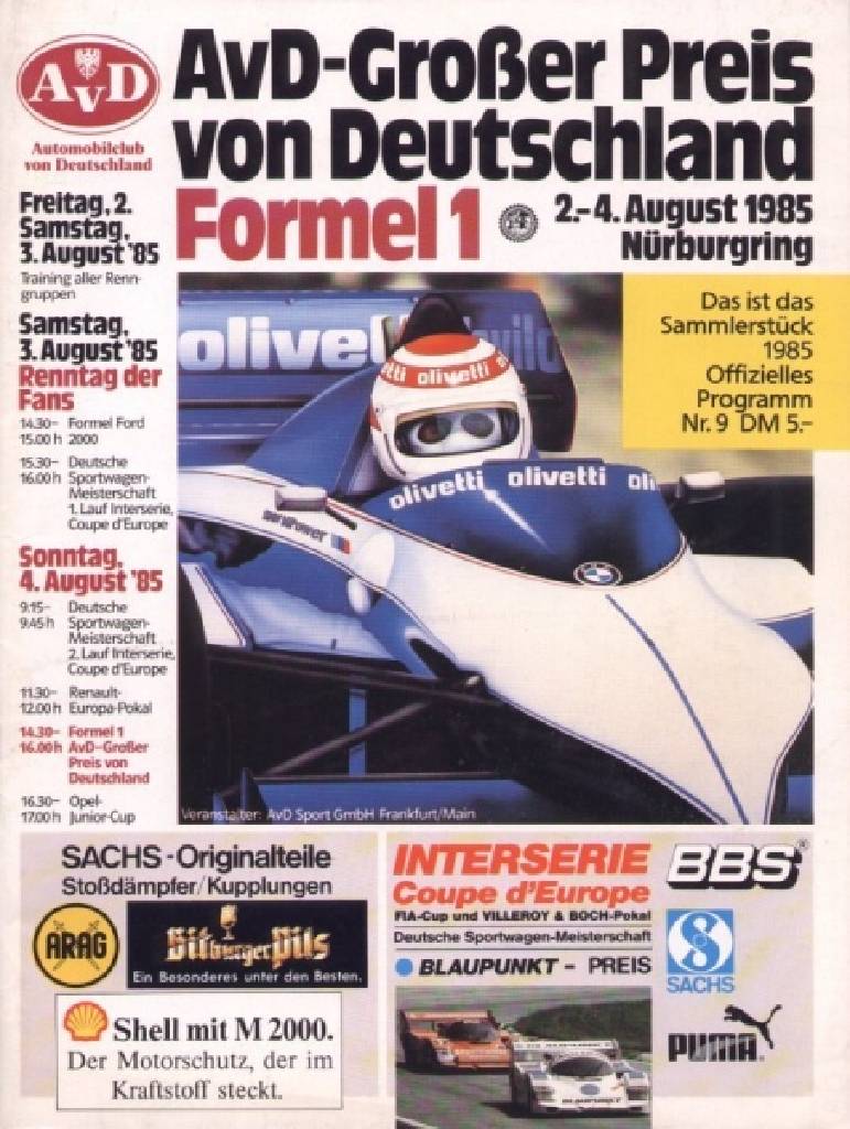 Image representing AvD Grosser Preis von Deutschland 1985, FIA Formula One World Championship round 09, Germany, 2 - 4 August 1985