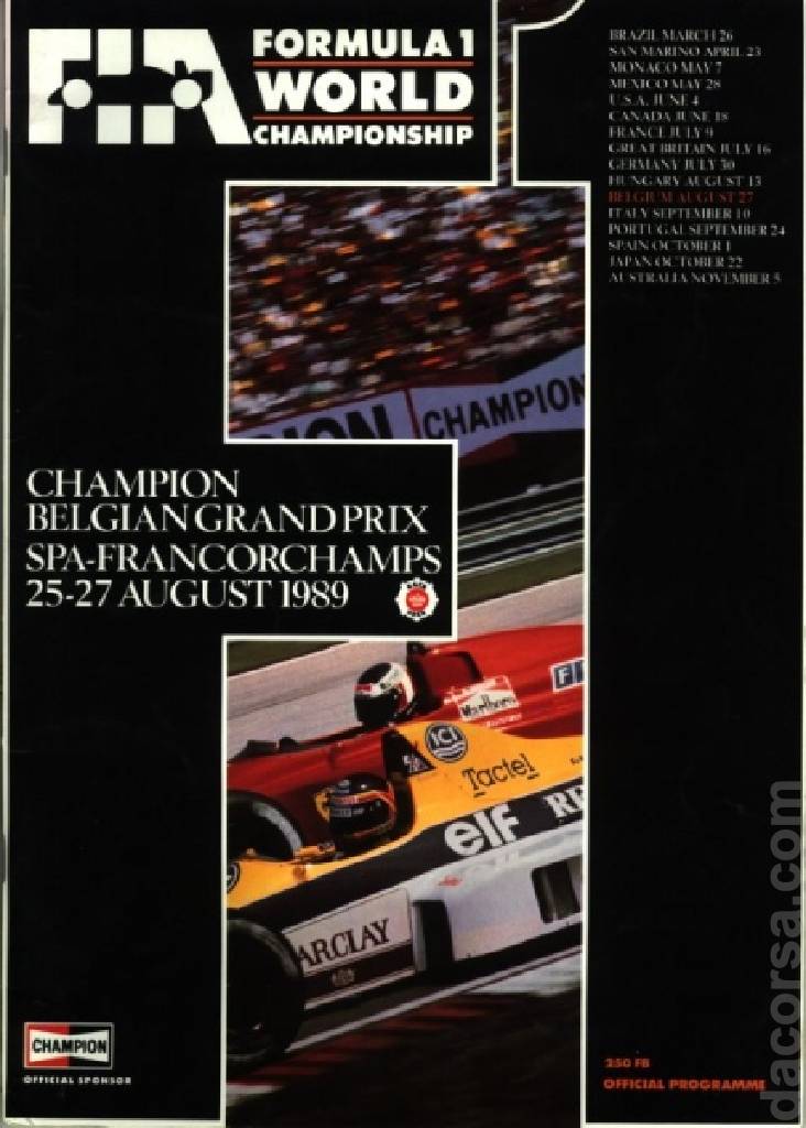 Image representing Champion Grand Prix de Belgique 1989, FIA Formula One World Championship round 11, Belgium, 25 - 27 August 1989