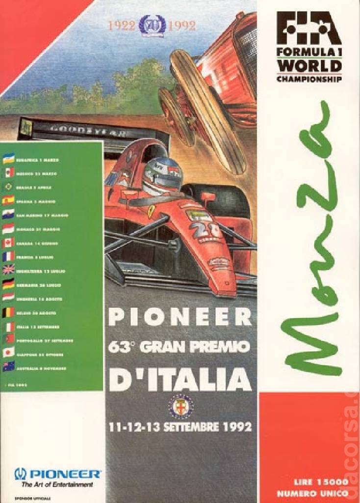 Poster of Pioneer 63. Gran Premio d'Italia 1992, FIA Formula One World Championship round 13, Italy, 11 - 13 September 1992