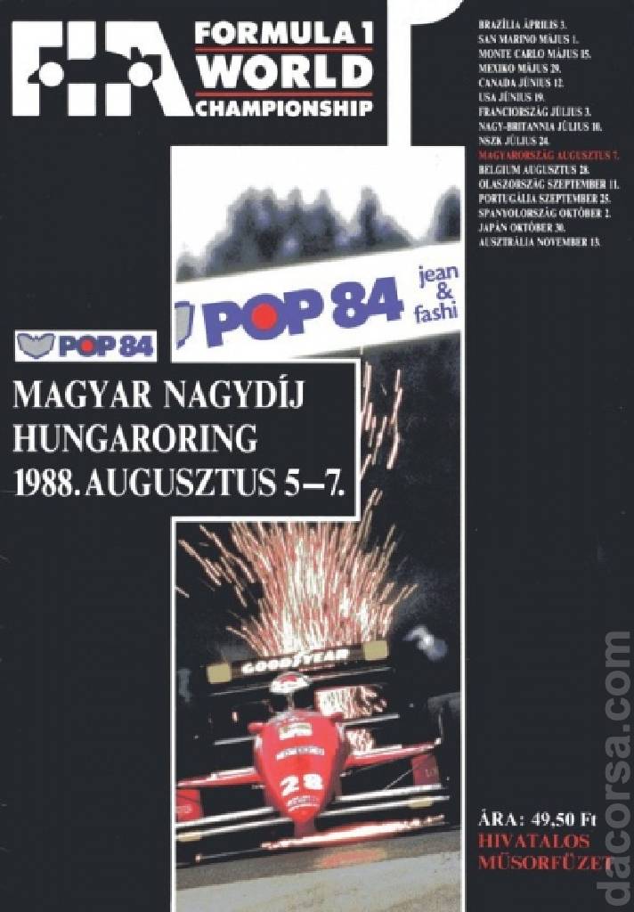Poster of Pop 84 Magyar Nagydij 1988, FIA Formula One World Championship round 10, Hungary, 5 - 7 August 1988