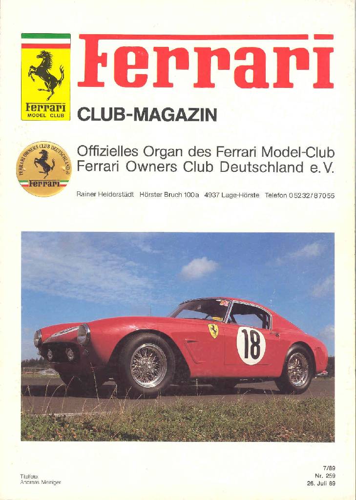 Cover of Ferrari Model Club issue 259, 26. Juli 89 (1989)