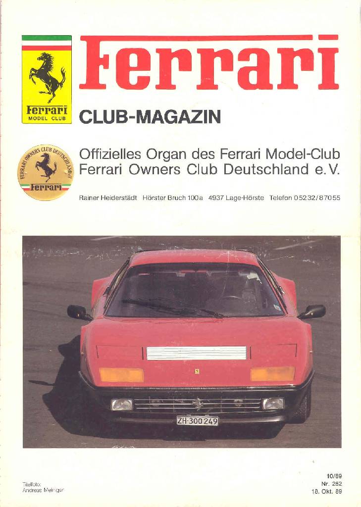 Cover of Ferrari Model Club issue 262, 18. Okt. 89 (1989)