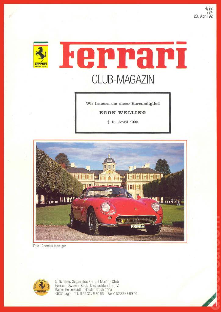 Cover of Ferrari Model Club issue 294, 23. April 92 (1992)