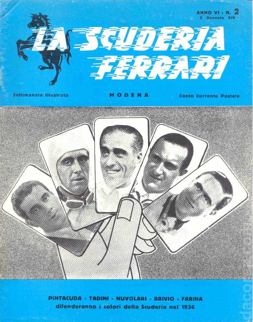 Cover of La Scuderia Ferrari issue 2, anno VI - 2 Gennaio 1936