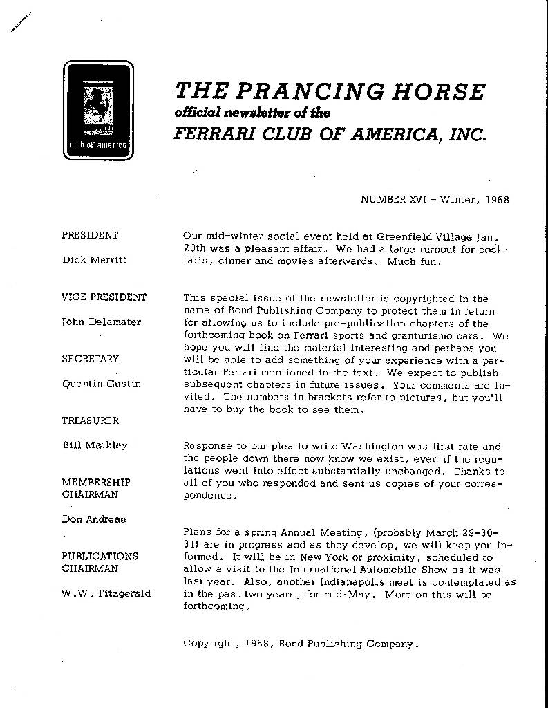 Cover of Prancing Horse issue 16, no. XVI - Winter 1968